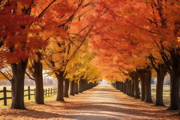 Incantevole strada autunnale Un affascinante spettacolo di 32 alberi fiancheggiati