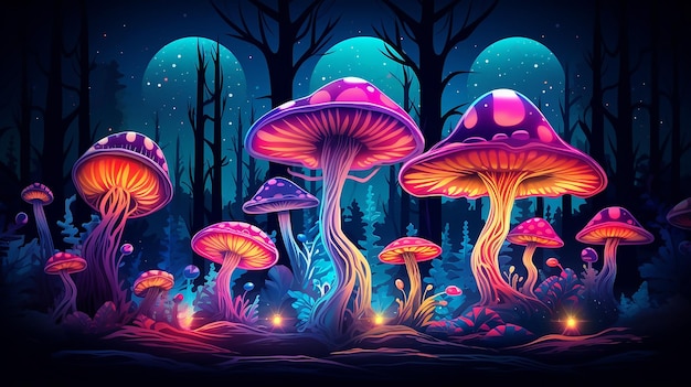 Incantevoli funghi notturni della foresta atmosfera mistica