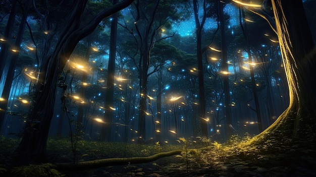 Incantevoli lucciole che creano una magica danza di luci in una foresta serena al crepuscolo