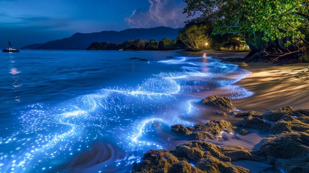 Incantevoli onde bioluminescenti sulla spiaggia tropicale di notte con il cielo stellato