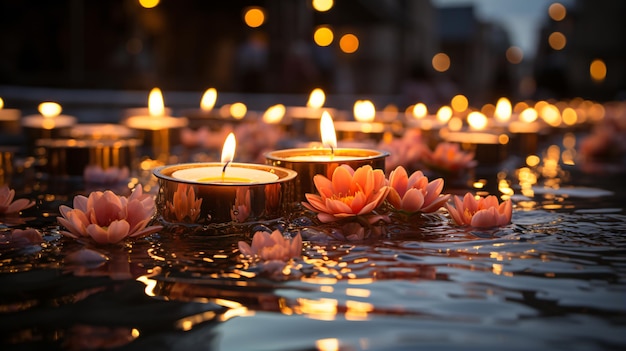 Incantevoli riflessi Diwali Magical Diya sulla superficie dell'acqua