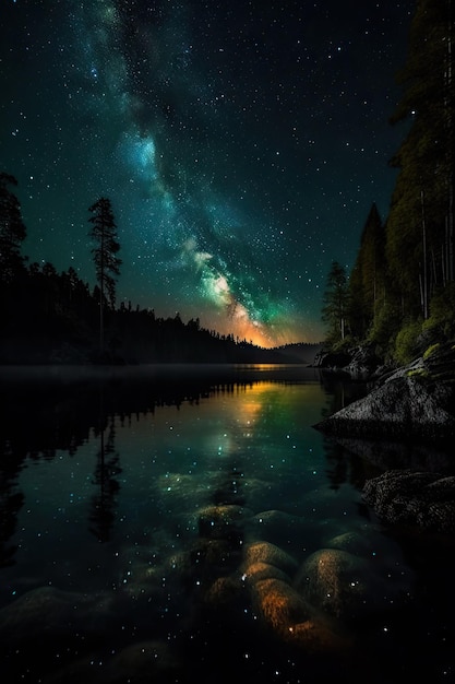 Incantevoli riflessi notturni su un lago perfetto per gli sfondi IA generativa