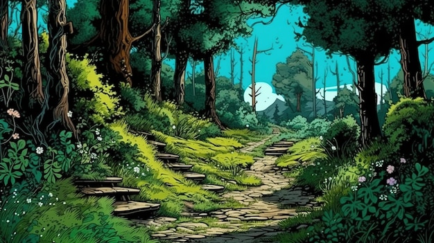 Incantevoli sentieri forestali Concetto di fantasia Illustrazione pittura