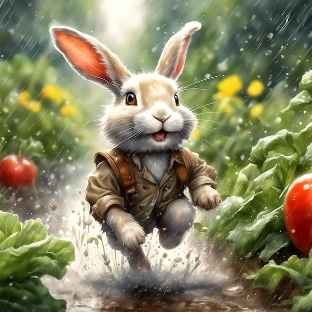 Incanto della pioggia estiva Stravagante viaggio ad acquerello con un coniglio giocoso