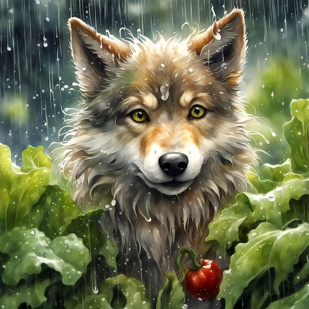 Incanto della pioggia estiva Stravagante viaggio ad acquerello con un lupo giocoso