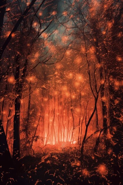Incendi boschivi che di notte avvolgono gli alberi in fiamme creati con l'intelligenza artificiale generativa