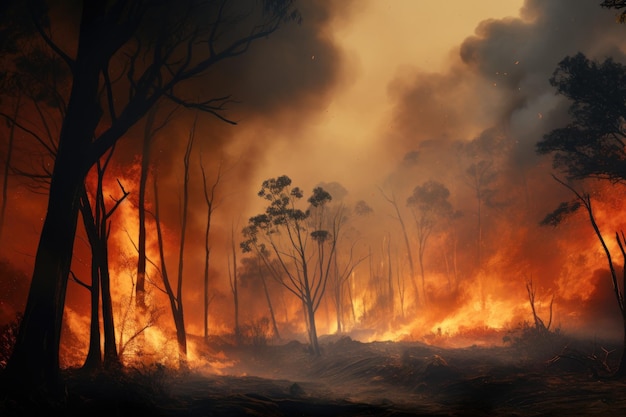 Incendio boschivo nella foresta al tramonto Il fuoco sta bruciando Immagine concettuale di un incendio boschivo che brucia e del fumo la sera Generato dall'intelligenza artificiale