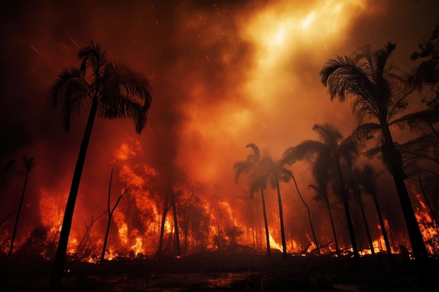 Incendio e tempesta nella foresta pluviale di notte cambiamento climatico