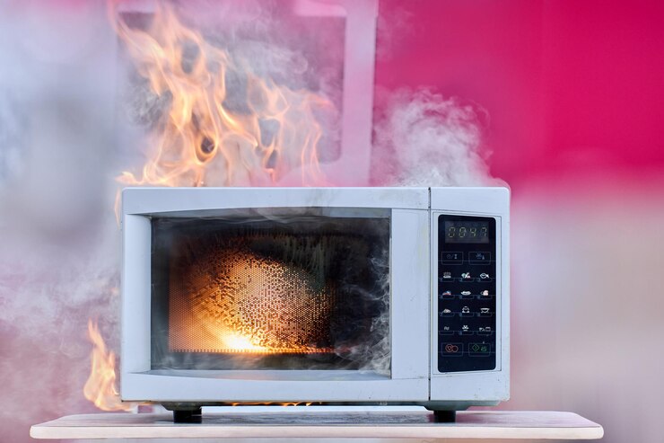 Foto incendio elettrico domestico con forno a microonde di un elettrodomestico difettoso innescato a causa di cortocircuiti