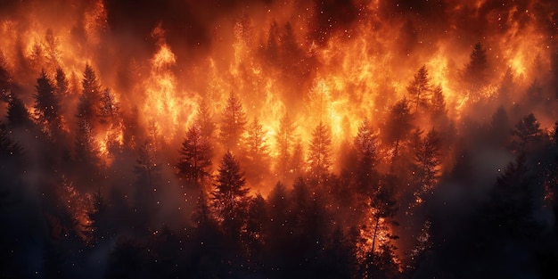 incendio forestale nella foresta di pini di notte disastro naturale in estate vista dall'alto drone