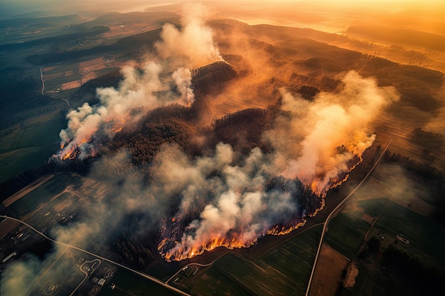 Incendio in un campo e in una vista dall'alto della foresta IA generativa