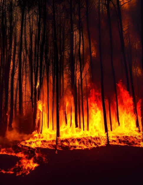 Incendio nella foresta di notte illustrazione ai generativa