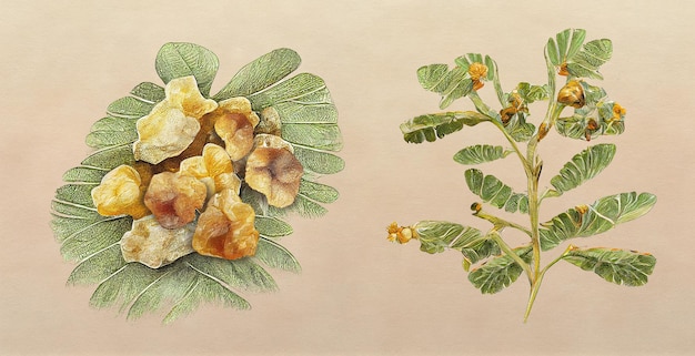 Incenso (Boswellia). Illustrazione botanica su carta bianca. Le migliori piante medicinali