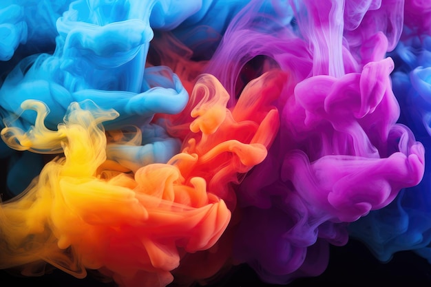 Inchiostro colorato in acqua su uno sfondo nero sfondo astratto fumo multicolore AI generato