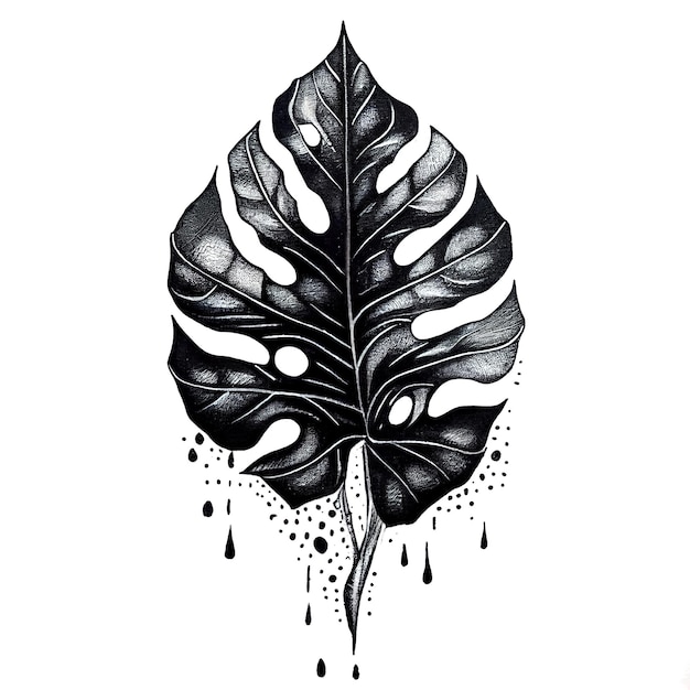 Inchiostro disegnato a mano con foglie di Monstera con tecnica di stippling Tatuaggio floreale d'arte isolato in bianco e nero