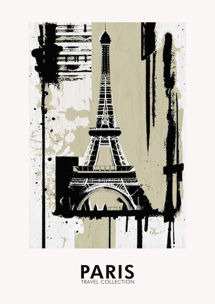 Inchiostro nero astratto disegnato a mano Parigi Poster di viaggio vintage stampabile per la casa