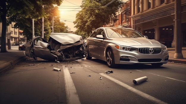 Incidente automobilistico che coinvolge due automobili in una strada cittadina Concetto di copertura assicurativa Generativa Ai