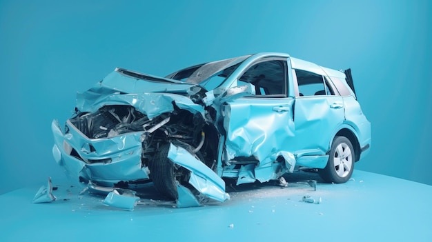 Incidente d'auto rotto, carrozzeria danneggiata, metallo, tecnologia assicurativa sulla vita, sfondo blu dell'auto, intestazione