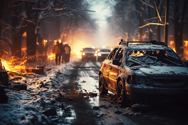 incidente d'auto sulla strada in inverno nella notte ghiacciata Auto in fiamme e fumo