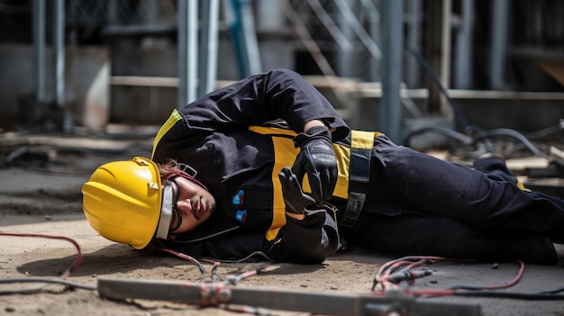 Incidente da elettroshock incosciente che ha colpito un lavoratore elettrico Una scossa elettrica accidentale fa perdere conoscenza a un elettricista sul lavoro IA generativa