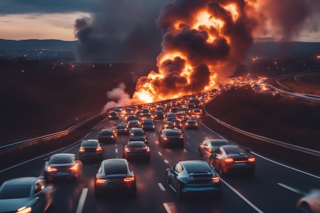 incidente ed esplosione bruciano fiamme di fuoco tramonto in autostrada in inverno