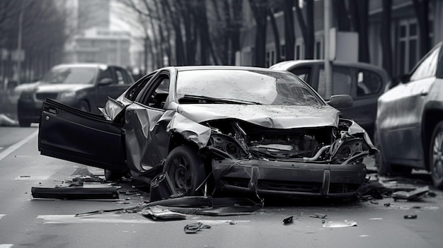 Incidente stradale auto rotto corpo danneggiato metallo tecnologia di assicurazione sulla vita AI generata
