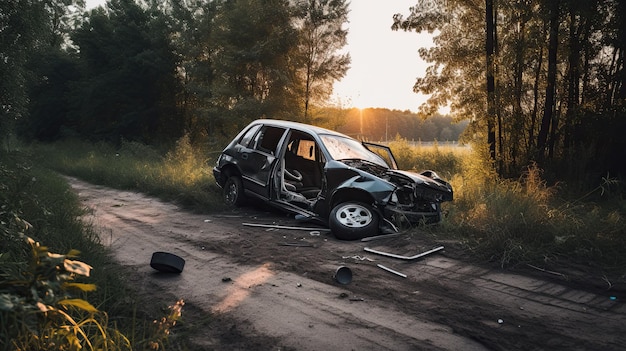 Incidente stradale sulla strada nella foresta al tramonto Incidente stradale IA generativa