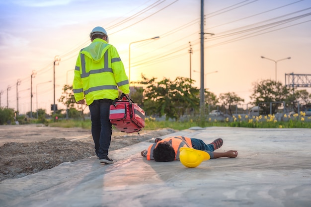 Incidente sul lavoro di manodopera edile, primo soccorso di base e formazione CPR all'aperto.