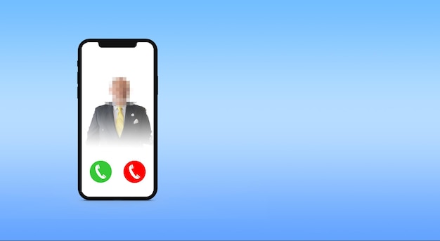 Incoming call on a cell phone with call icons with a picture of a man with a pixelated face on a blue background