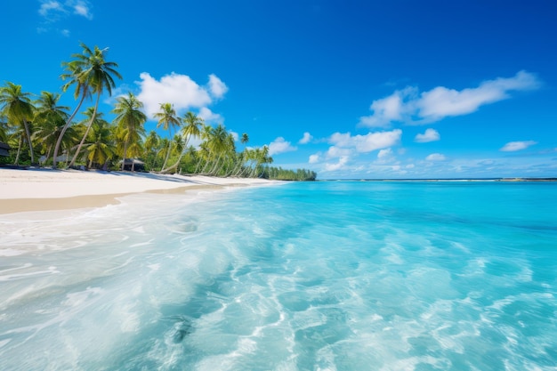 Incontaminata spiaggia di sabbia bianca fiancheggiata da palme IA generativa