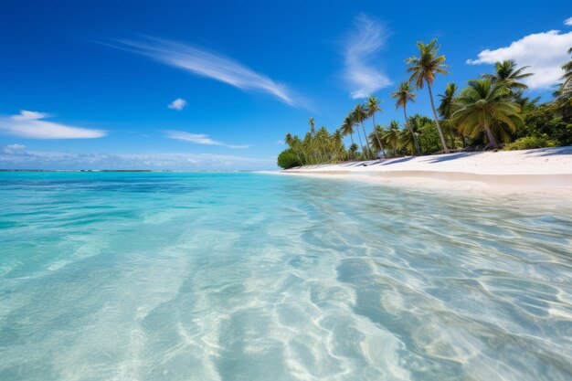 Incontaminata spiaggia di sabbia bianca fiancheggiata da palme IA generativa