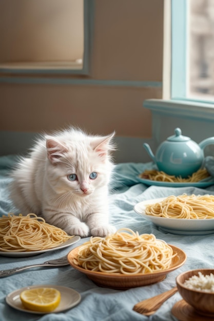 Incontro adorabile gattino angora turco che si diletta in un piatto di spaghetti