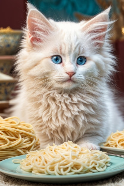 Incontro adorabile gattino angora turco che si diletta in un piatto di spaghetti