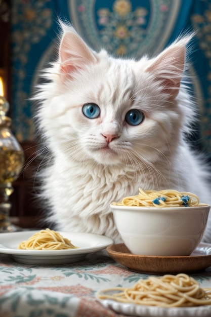 Incontro adorabile gattino angora turco che si diletta in un piatto di spaghetti