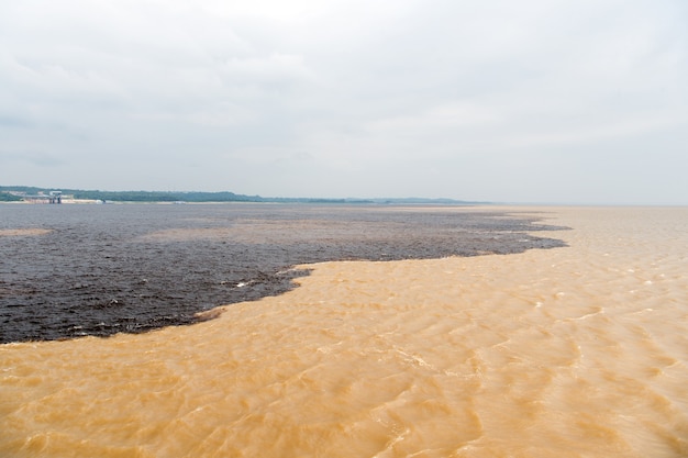 Incontro d'acqua in brasile - fiume amazon con rio del negro acqua di fiume pulita e sporca con diversi corsi d'acqua