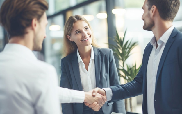 Incontro d'affari di successo Giovani professionisti che si stringono la mano