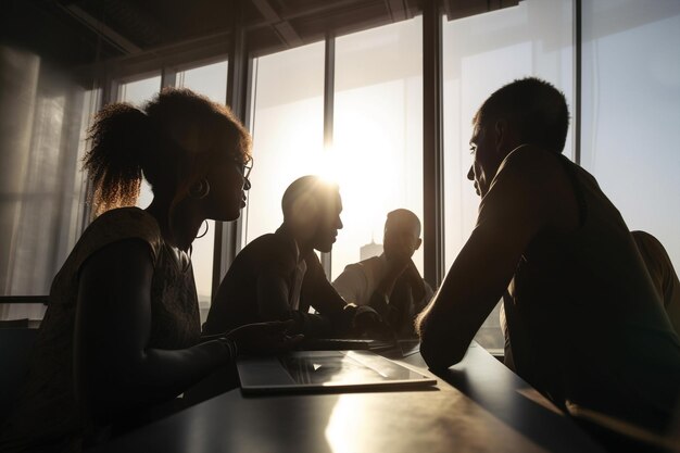 Incontro di lavoro generativo ai in un edificio moderno con grandi finestre in controluce al tramonto