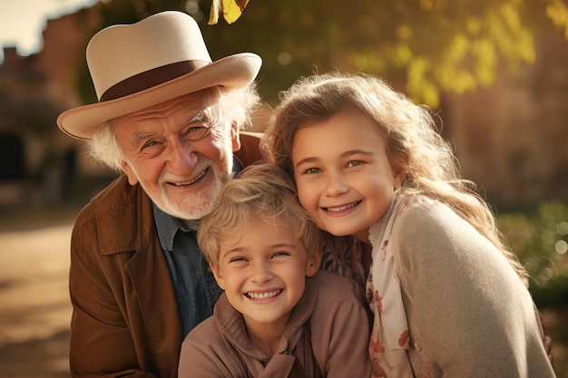 Incontro di nonno e nipoti Un uomo anziano e i suoi nipoti sono felici insieme Si abbracciano e si rallegrano di incontrarsi Prendersi cura degli anziani I bambini visitano gli anziani