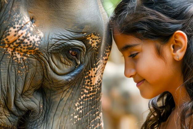 Incontro gentile Una ragazzina trascorre un momento tenero con un maestoso elefante in un ambiente naturale