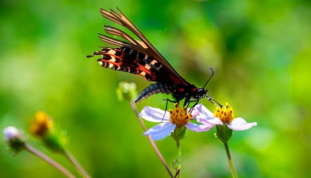 Incontro grazioso con una farfalla monarca appoggiata su una pianta floreale che affascina la luce e la bellezza della natura