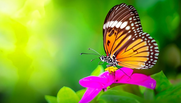 Incontro grazioso con una farfalla monarca appoggiata su una pianta floreale che affascina la luce e la bellezza della natura