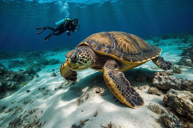 Incontro sottomarino tra tartaruga e subacqueo nell'oceano