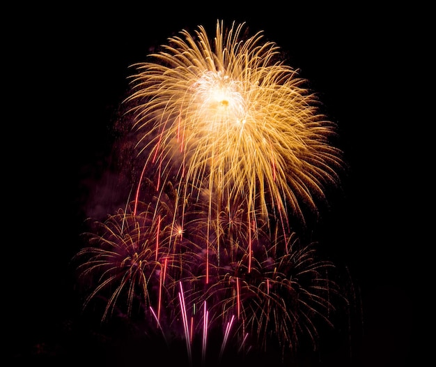 Incredibile Bellissimo fuoco d'artificio su sfondo nero per la celebrazione dell'anniversario buon Natale e felice anno nuovo