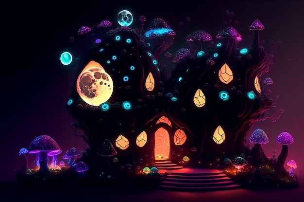 Incredibile casa di funghi scuri su un prato nel mezzo dell'illustrazione 3D dell'orrore della foresta magica