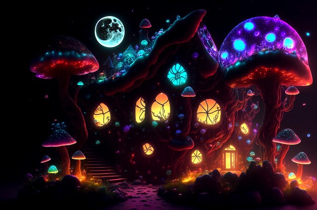 Incredibile casa di funghi scuri su un prato nel mezzo dell'illustrazione 3D dell'orrore della foresta magica