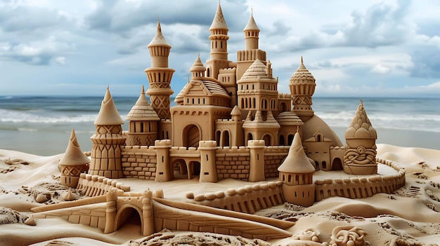 Incredibile castello di sabbia sulla spiaggia con dettagli e disegni intricati costruiti con abilità e creatività una vera opera d'arte che cattura l'immaginazione