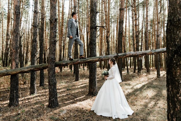 Incredibile coppia di sposi sorridenti. Sposa carina e sposo alla moda. Sposo che bacia la sposa della sposa. lo sposo a testa in giù baci sulle labbra della sua amata