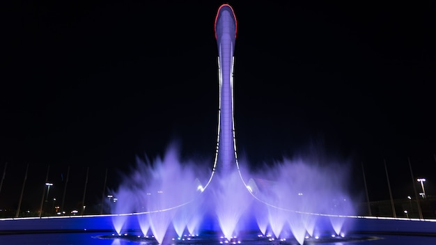 Incredibile fontana musicale illuminata e stadio olimpico "Fisht" di notte a Sochi, in Russia.