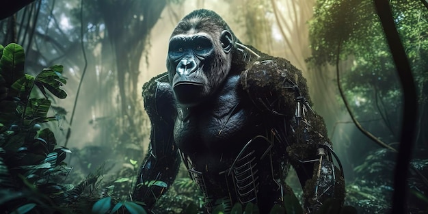 Incredibile fotografia di un gorilla cyborg negli impianti robotici futuristici della giungla