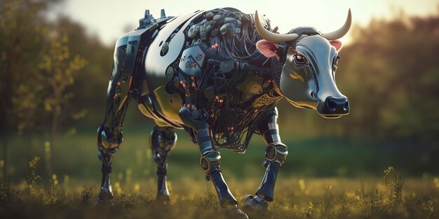 Incredibile fotografia di una mucca cyborg negli impianti robotici futuristici della natura